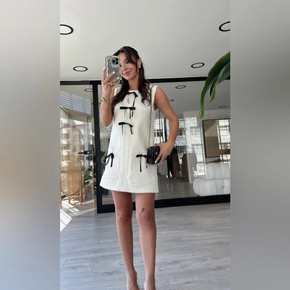 NWT ZARA KNIT MINI DRESS WITH CONTRASTING BOWS, SIZE L - Picture 3 of 14